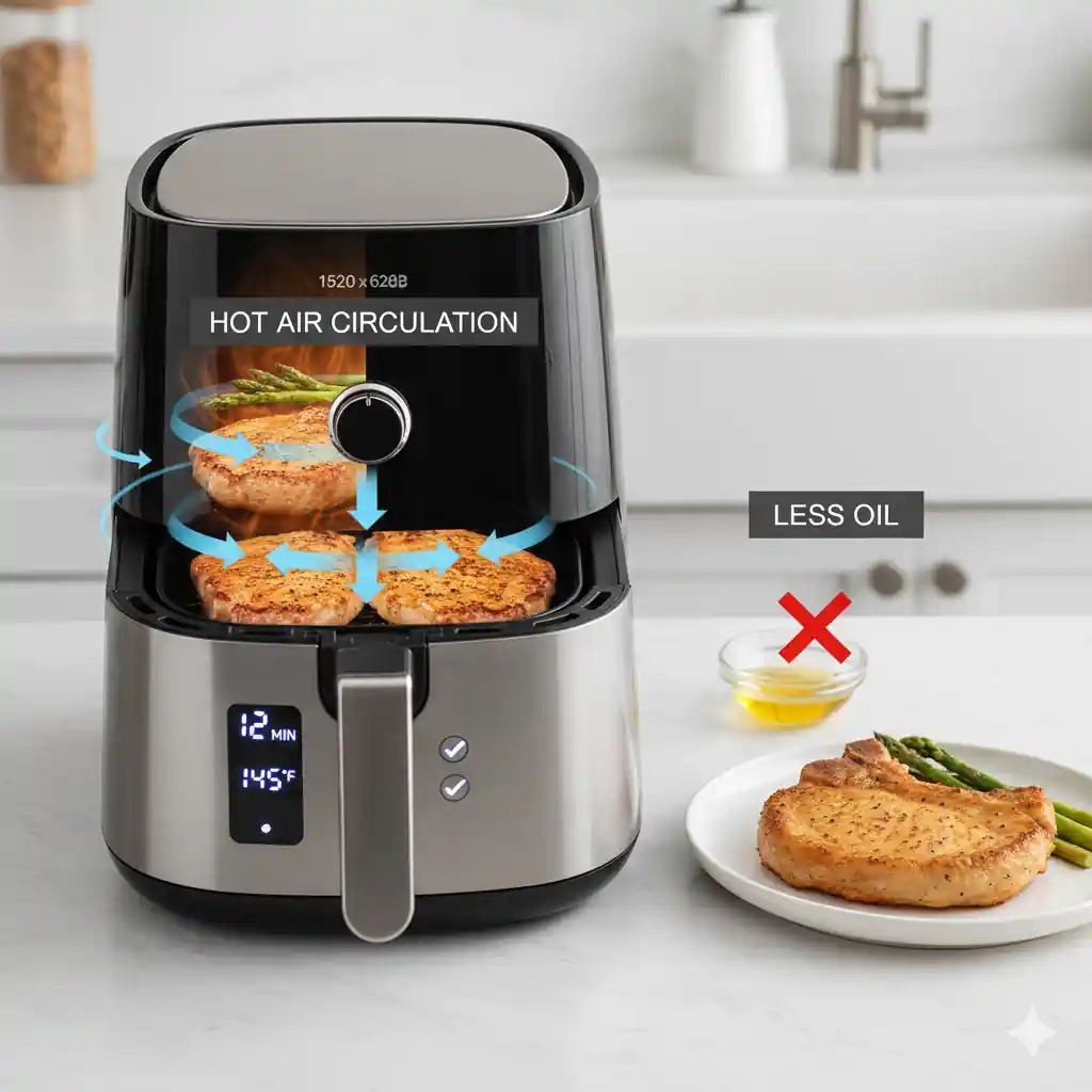 Diagram showing hot air circulation inside an air fryer cooking pork chops, with an emphasis on less oil usage and resulting in a perfectly cooked chop.