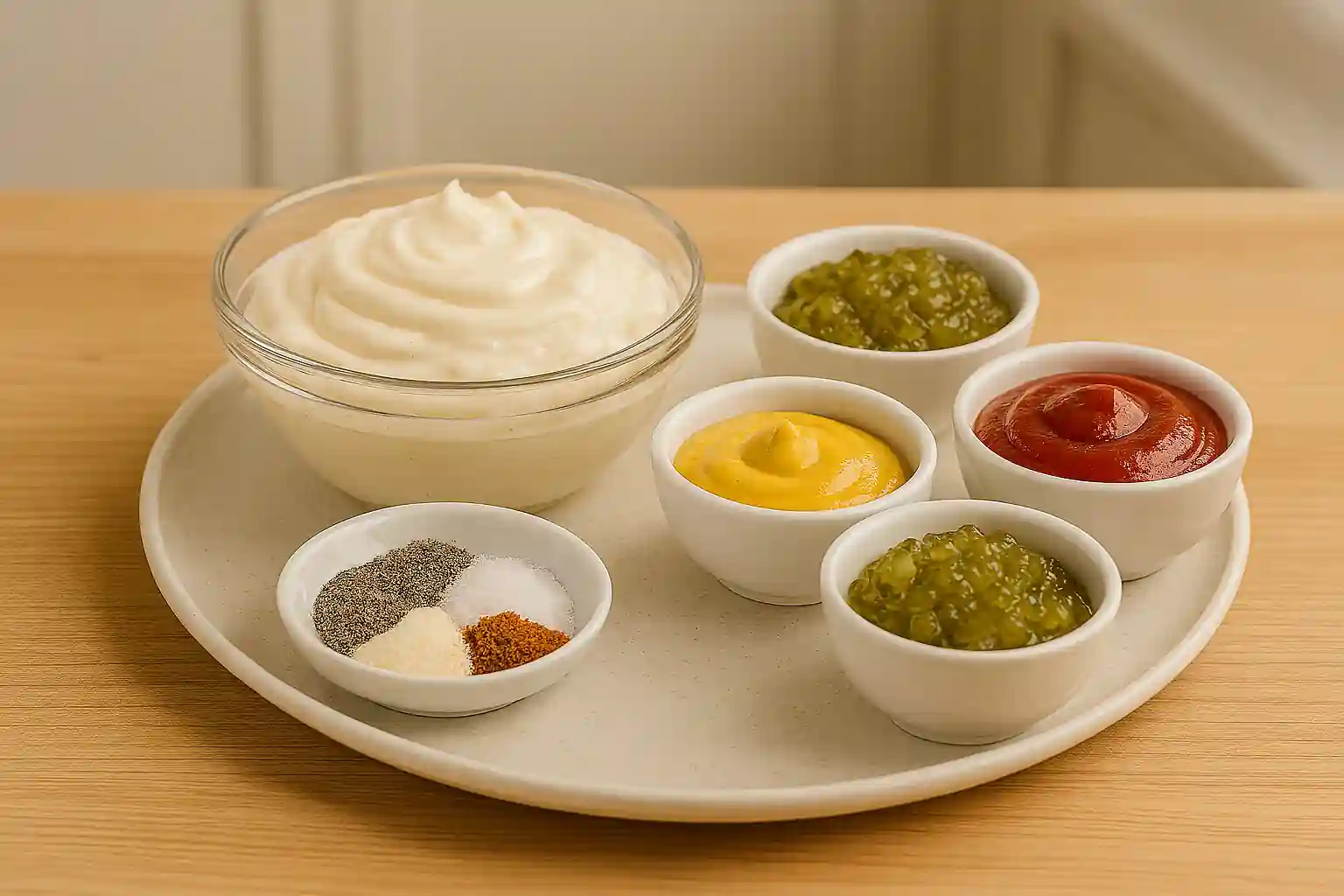 Core ingredients for homemade In-N-Out burger sauce arranged in small bowls on a wooden kitchen counter