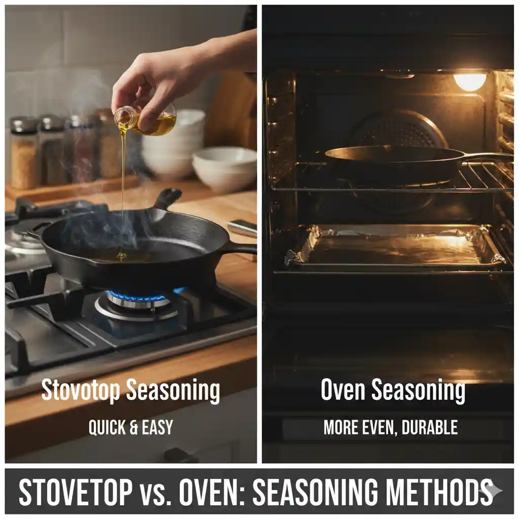 A split image comparing stovetop seasoning and oven seasoning methods for cast iron pans.