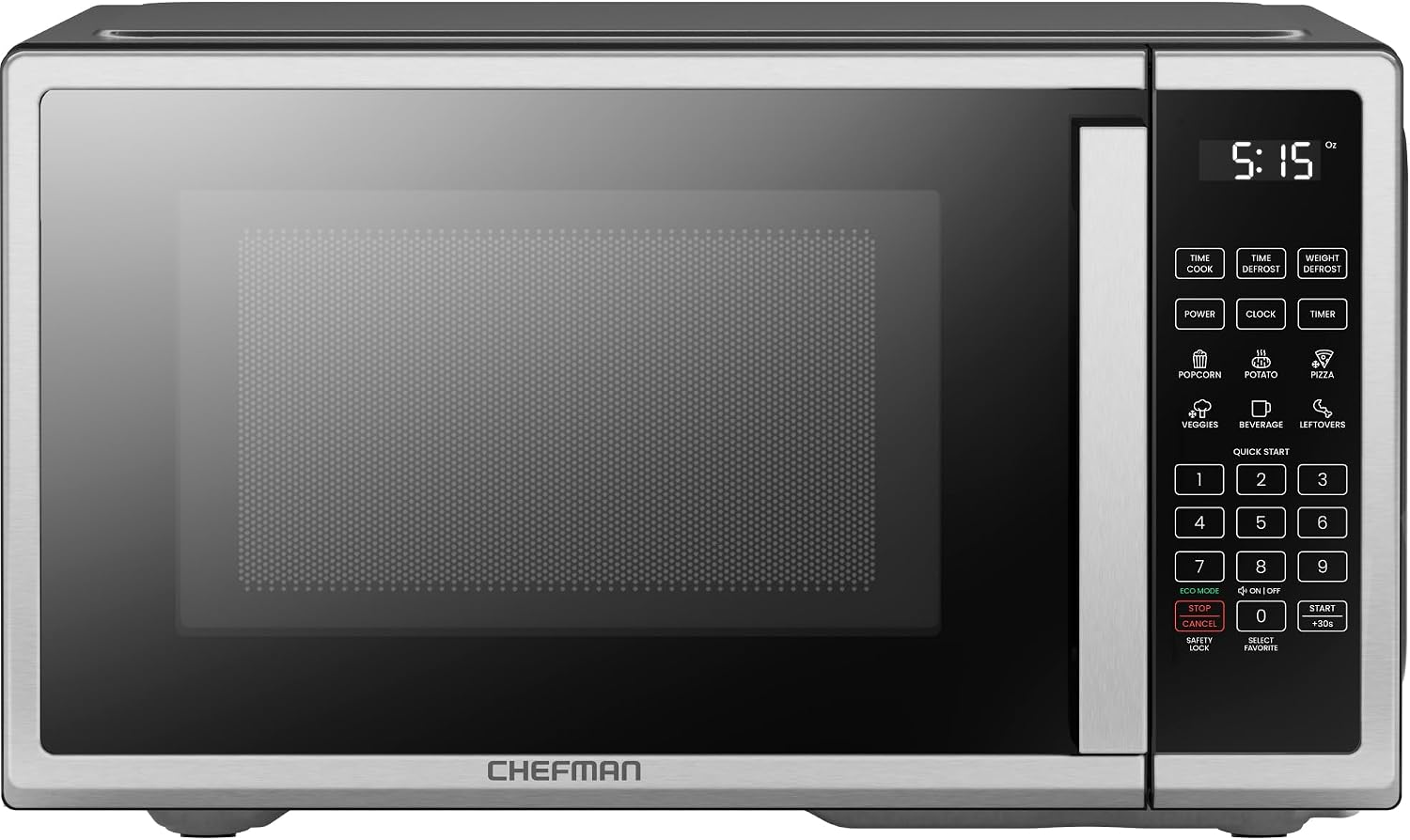 Chefman microwave oven with stainless steel exterior, digital screen showing “5:15,” and an array of buttons including popcorn, potato, beverage, eco mode, safety lock, quick start, and other cooking presets.