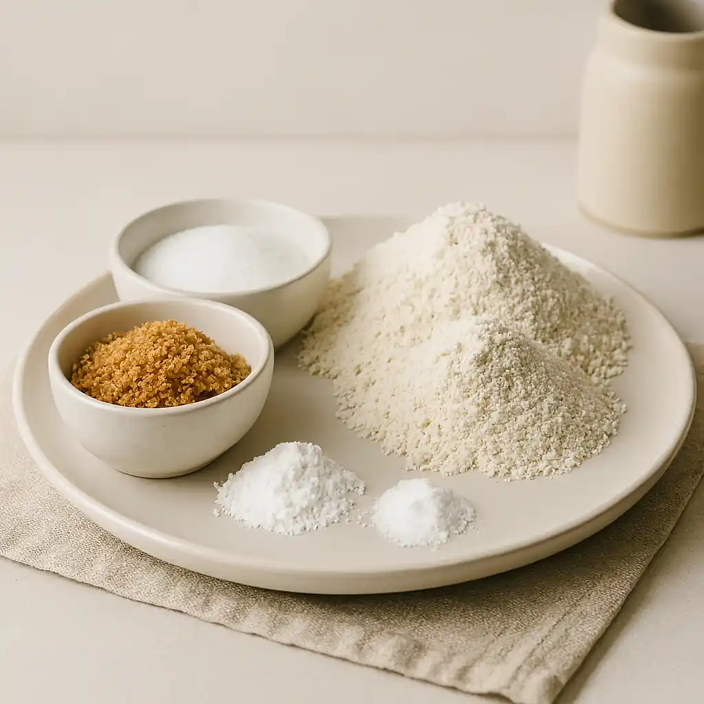 Dry ingredients for dairy-free pancakes—flour, sugars, baking powder, baking soda, and salt—arranged on a ceramic plate in bright natural kitchen lighting.