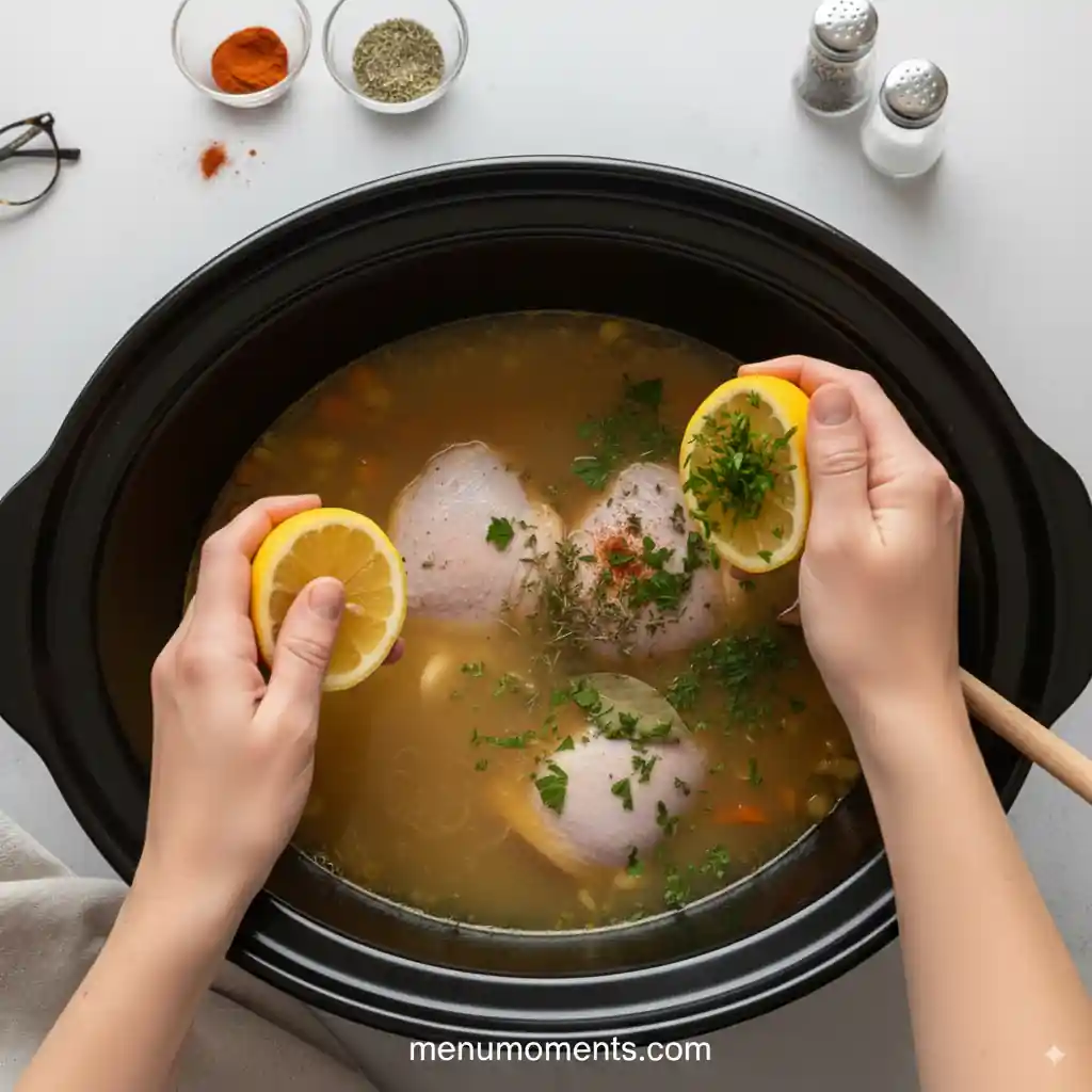 Hands squeezing half a lemon into the crockpot chicken soup and sprinkling fresh parsley over it, just before serving, to brighten the flavor. Branding