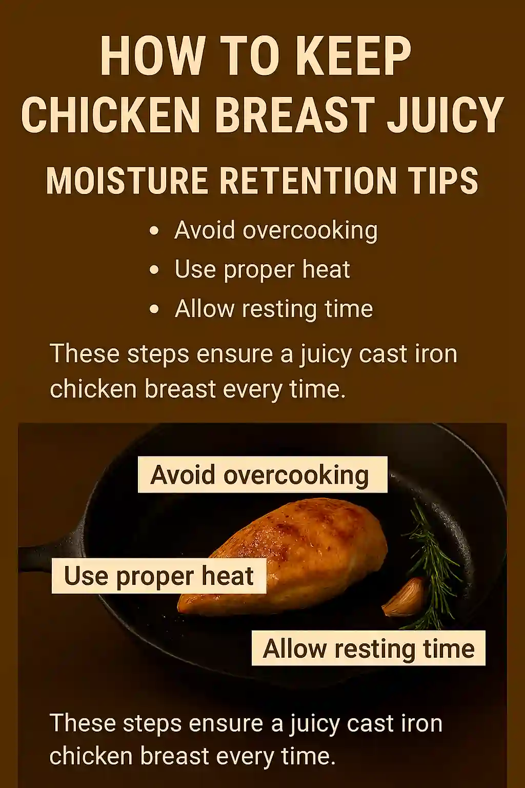 Juicy golden brown chicken breast resting in a cast iron skillet with labels showing moisture retention tips: avoid overcooking, use proper heat, allow resting time