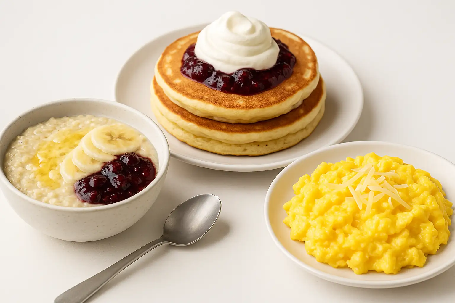 Bright, high-resolution food image showcasing three soft breakfast options: a bowl of creamy oatmeal topped with mashed banana and stewed berries; soft pancakes with whipped cream and fruit purée; and scrambled eggs with melted cheese, all plated cleanly with fresh garnishes on a neutral backdrop.