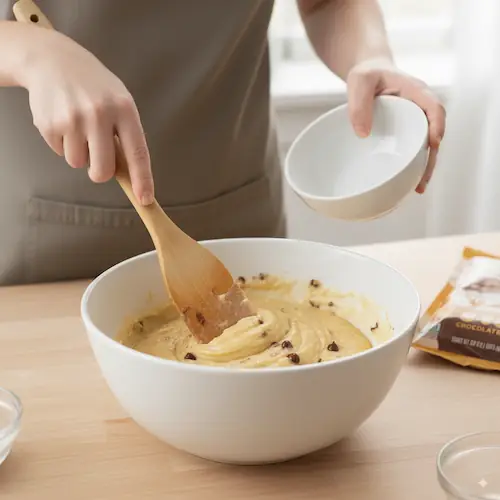 Mixing chocolate chip cookie dough in a white bowl with a wooden spatula on a light wooden surface