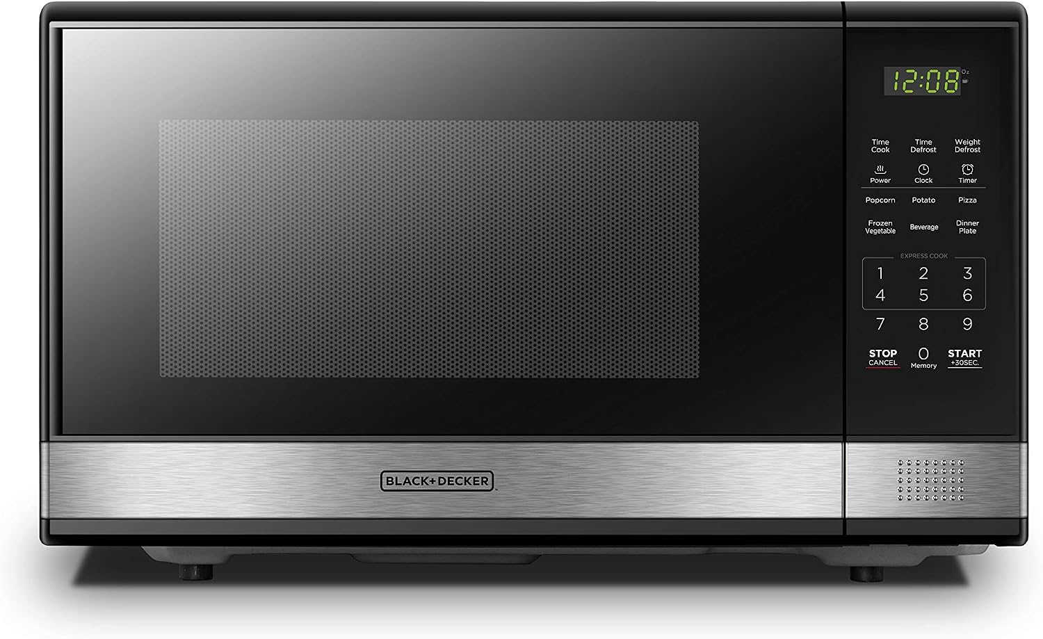 Black+Decker stainless steel microwave with digital display reading “12:08,” featuring a comprehensive control panel with cooking options like Time Cook, Defrost (Time/Weight), Popcorn, Pizza, Potato, Frozen Vegetable, Beverage, Dinner Plate, Express Cook, Memory, numeric keypad, and Start/+30Sec functionality.