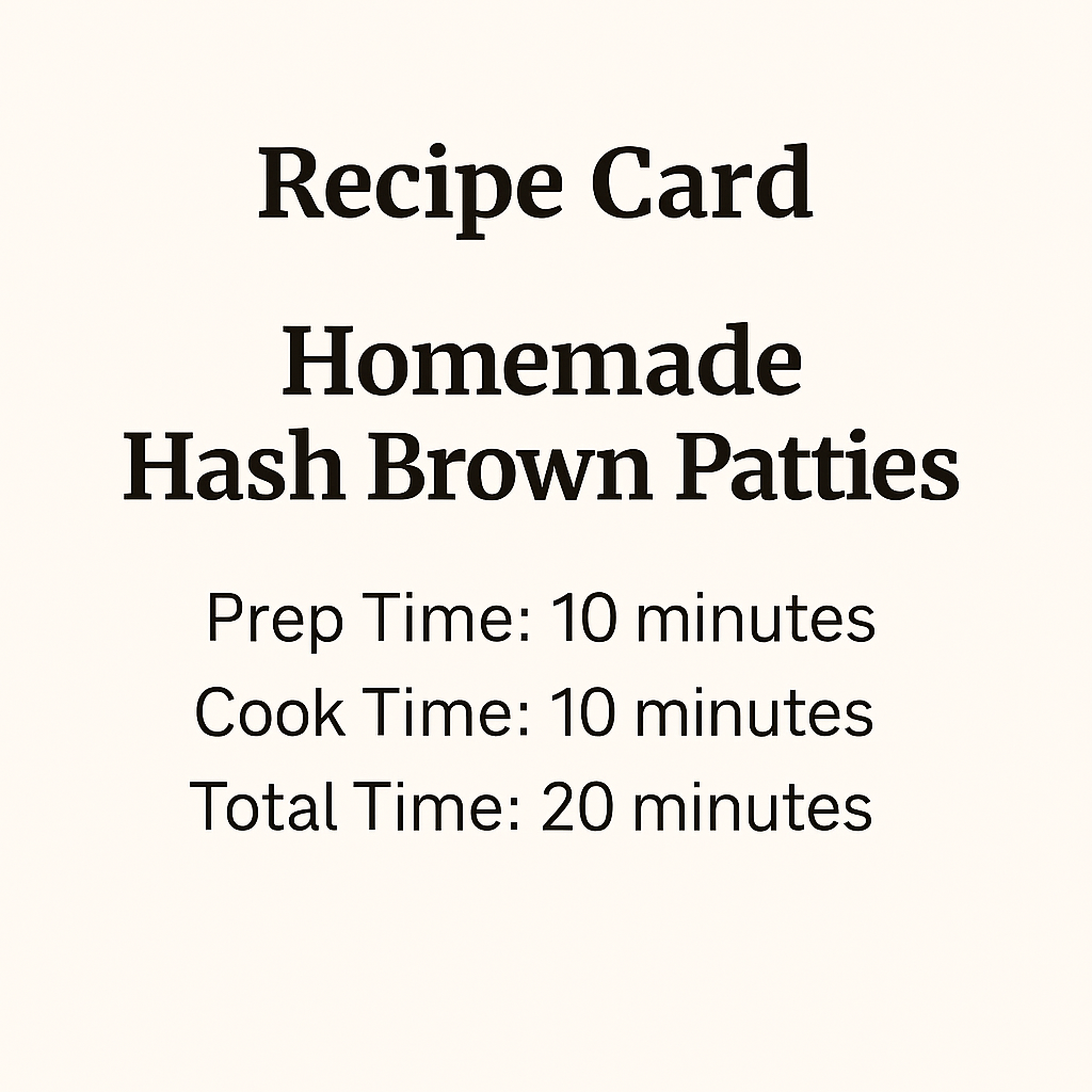 Recipe card for homemade hash brown patties showing prep time of 10 minutes, cook time of 10 minutes, and total time of 20 minutes on a cream background with dark brown serif text.