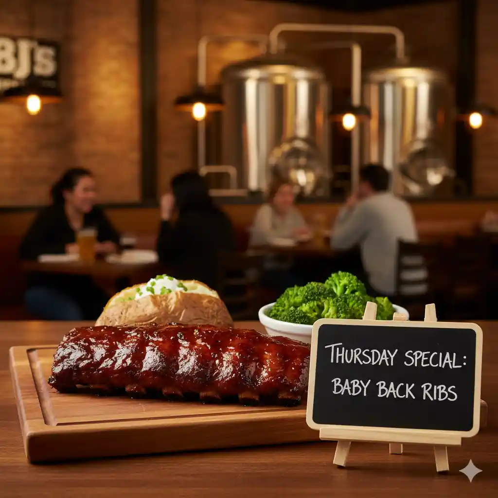 A rack of baby back ribs with a baked potato and broccoli, next to a "Thursday Special: Baby Back Ribs" sign at BJ's Restaurant Brewhouse.