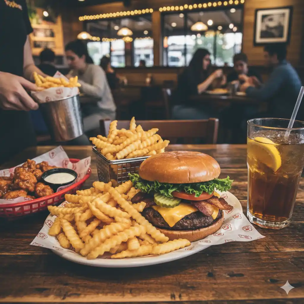 A delicious Applebee's bacon cheeseburger with endless fries, boneless wings, and an iced tea on a wooden table in a restaurant setting.