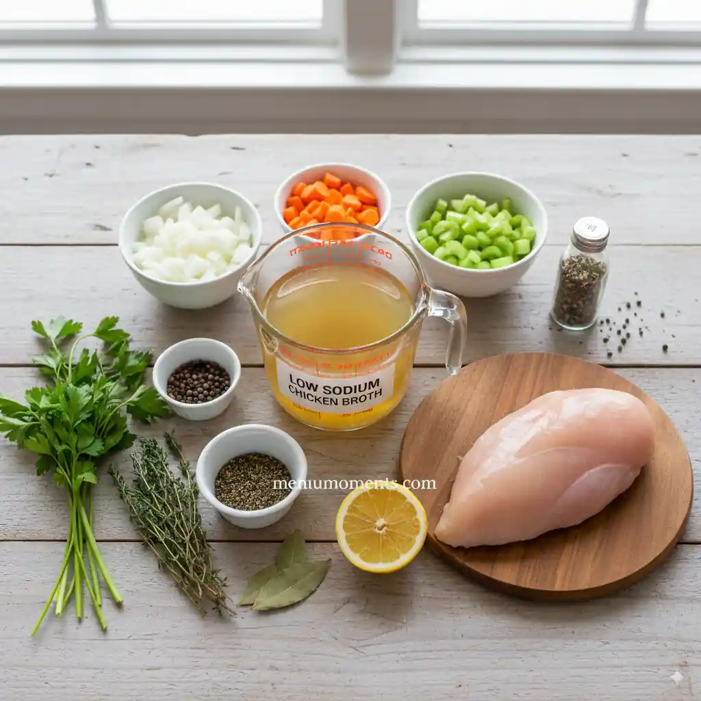 Overhead shot of low sodium chicken broth, raw chicken breast, chopped carrots, celery, onion, fresh parsley, thyme, dried herbs, black peppercorns, and lemon on a light wooden table by a window, ready for cooking.