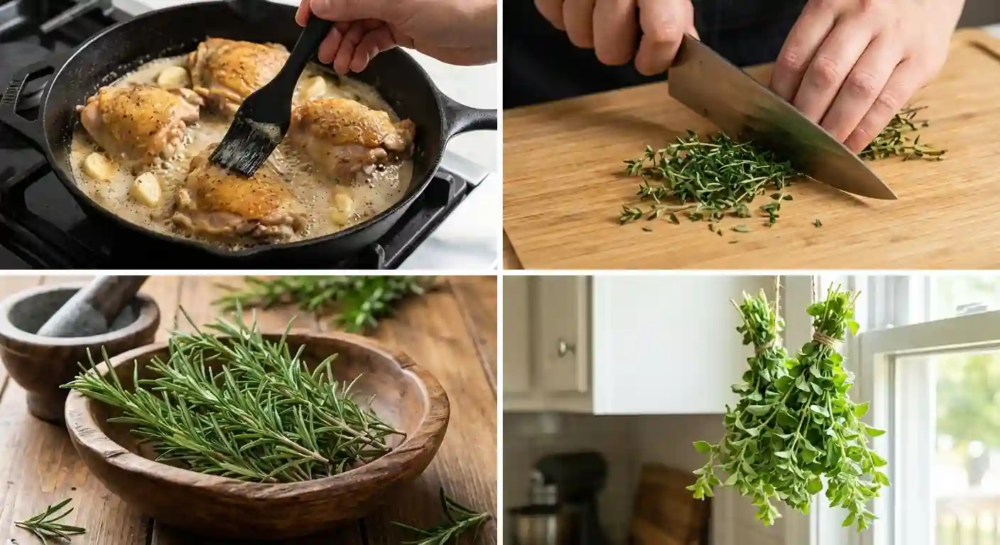 A four-panel collage: Top left showing garlic butter basting on chicken in a skillet, top right showing hands chopping fresh thyme, bottom left showing a wooden bowl of rosemary, and bottom right showing bundles of fresh oregano hanging in a kitchen