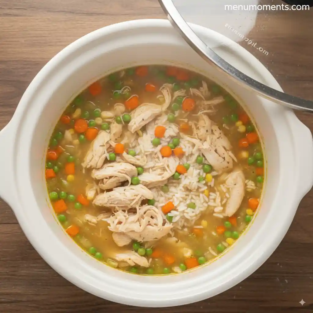 Cooked gluten-free chicken soup in a slow cooker.