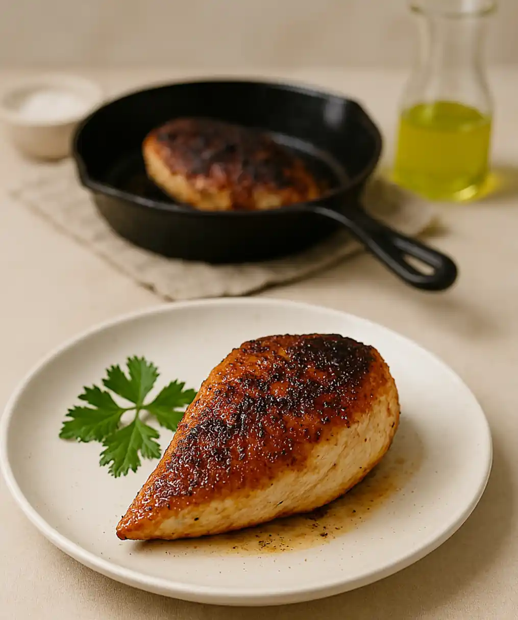 Cast iron chicken breast with burnt crust and sticking residue, plated with herbs