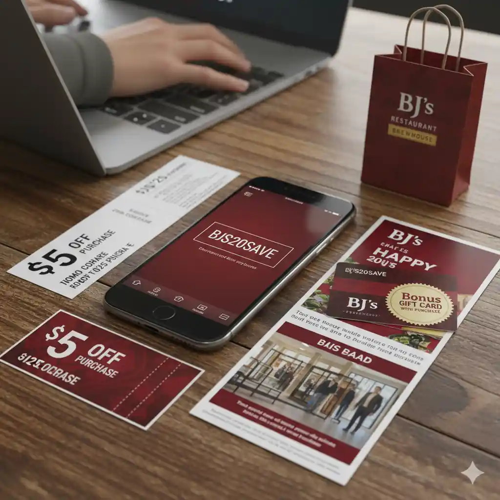 A person's hands typing on a laptop with various BJ's Restaurant Brewhouse coupons, promo codes displayed on a smartphone, and a small BJ's gift bag on a wooden table, symbolizing savings and promotions.