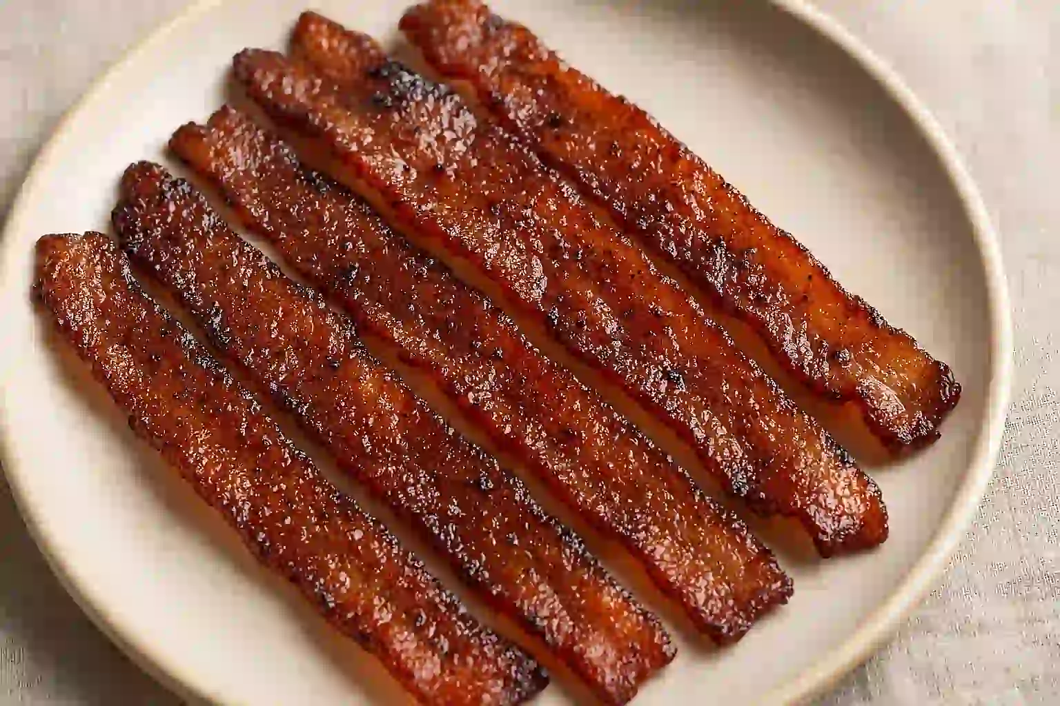 Thick-cut glazed million dollar bacon recipe strips caramelized with brown sugar and spices, plated in natural kitchen light