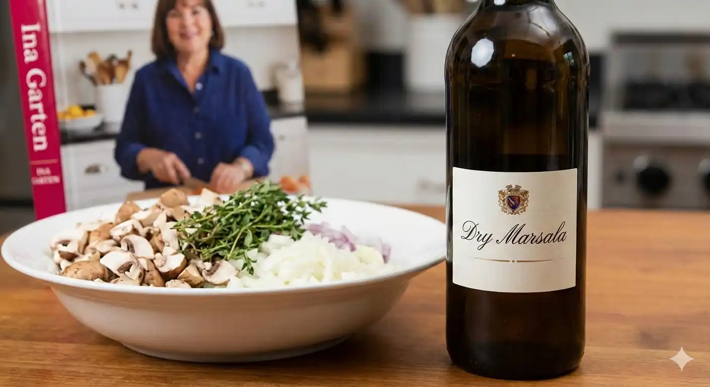 A bottle of Dry Marsala wine sitting on a kitchen counter next to a bowl of chopped mushrooms, onions, and herbs, with a cookbook featuring Ina Garten in the background.