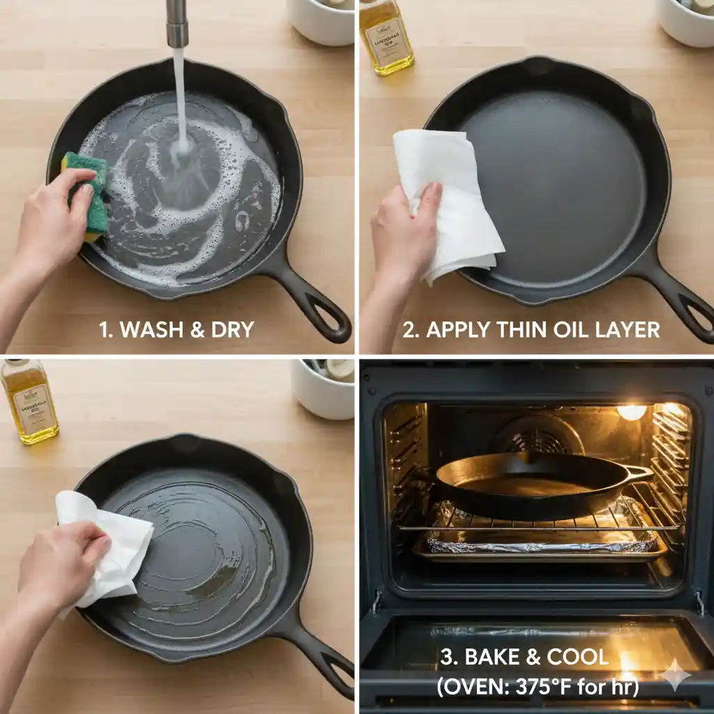 A four-panel image demonstrating the steps to season a cast iron pan.