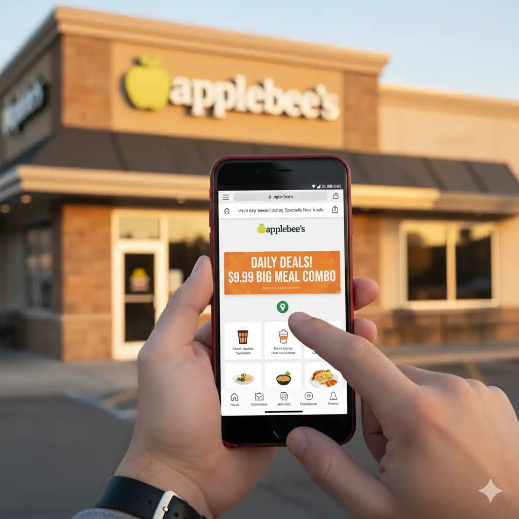 Hands holding a smartphone displaying the Applebee's app with a "Daily Deals: $9.99 Big Meal Combo" banner, in front of an Applebee's restaurant.