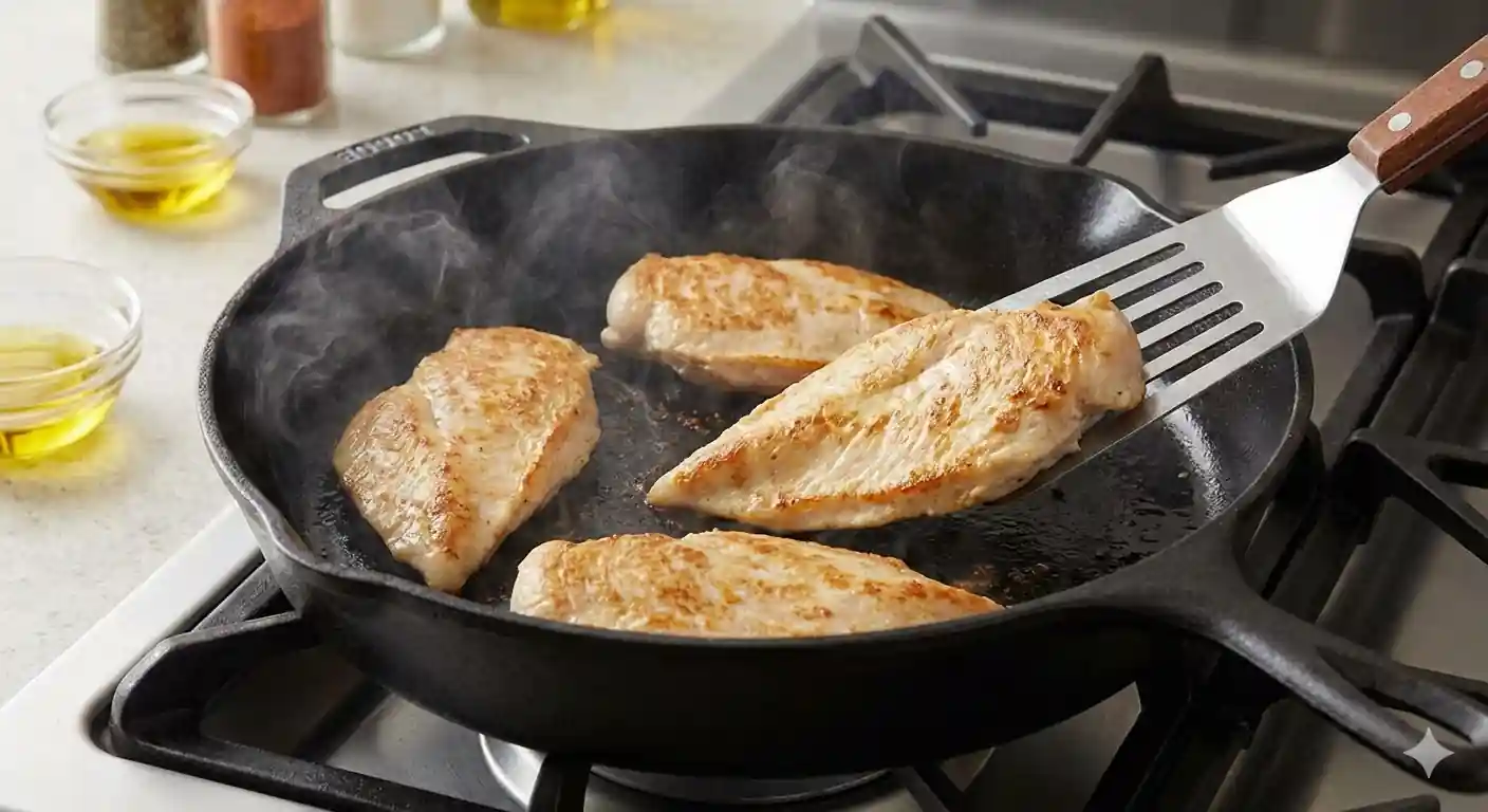 Boneless chicken breasts searing in a hot cast iron skillet on a gas stovetop with steam rising.