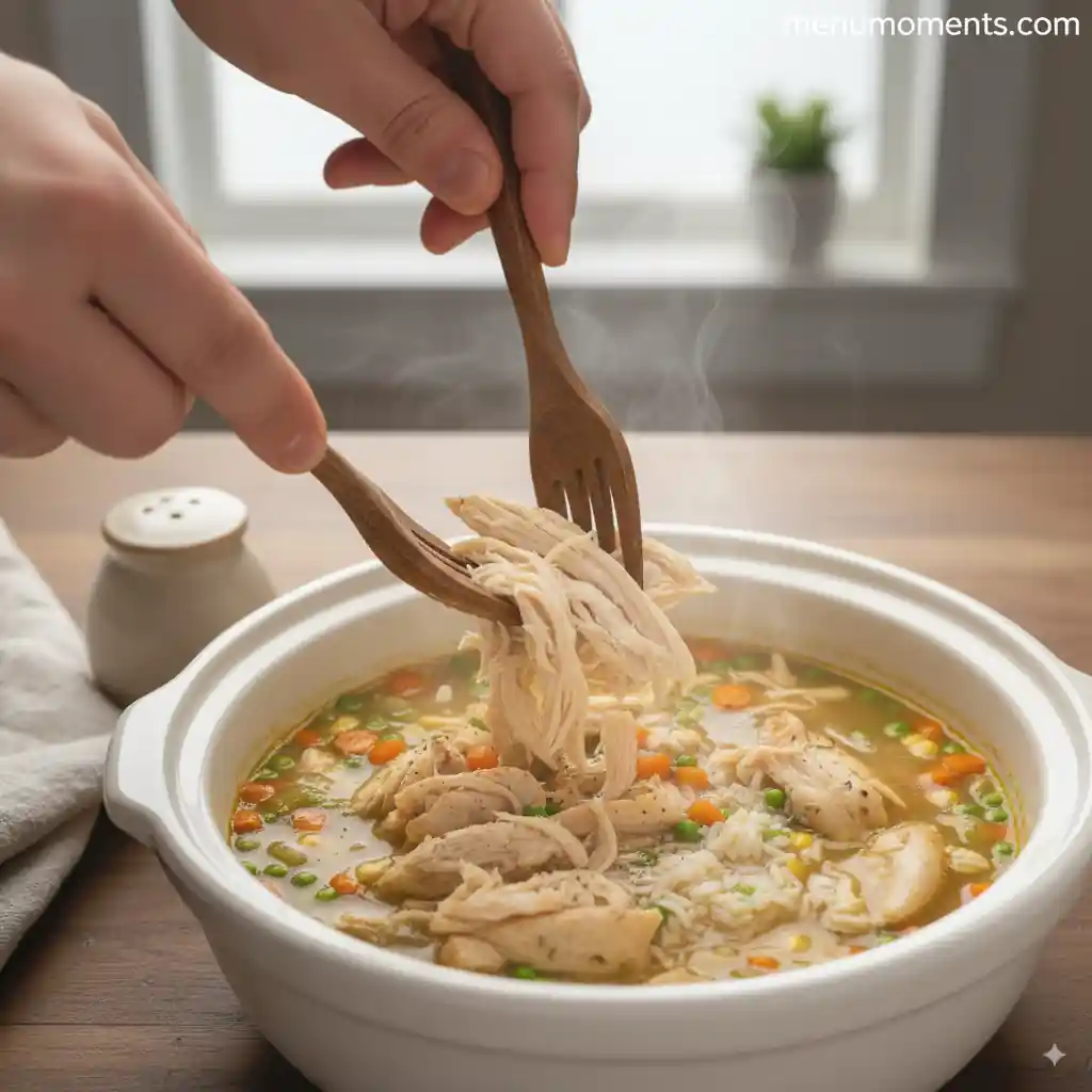 Hands shredding cooked chicken directly in a bowl of gluten-free chicken soup.