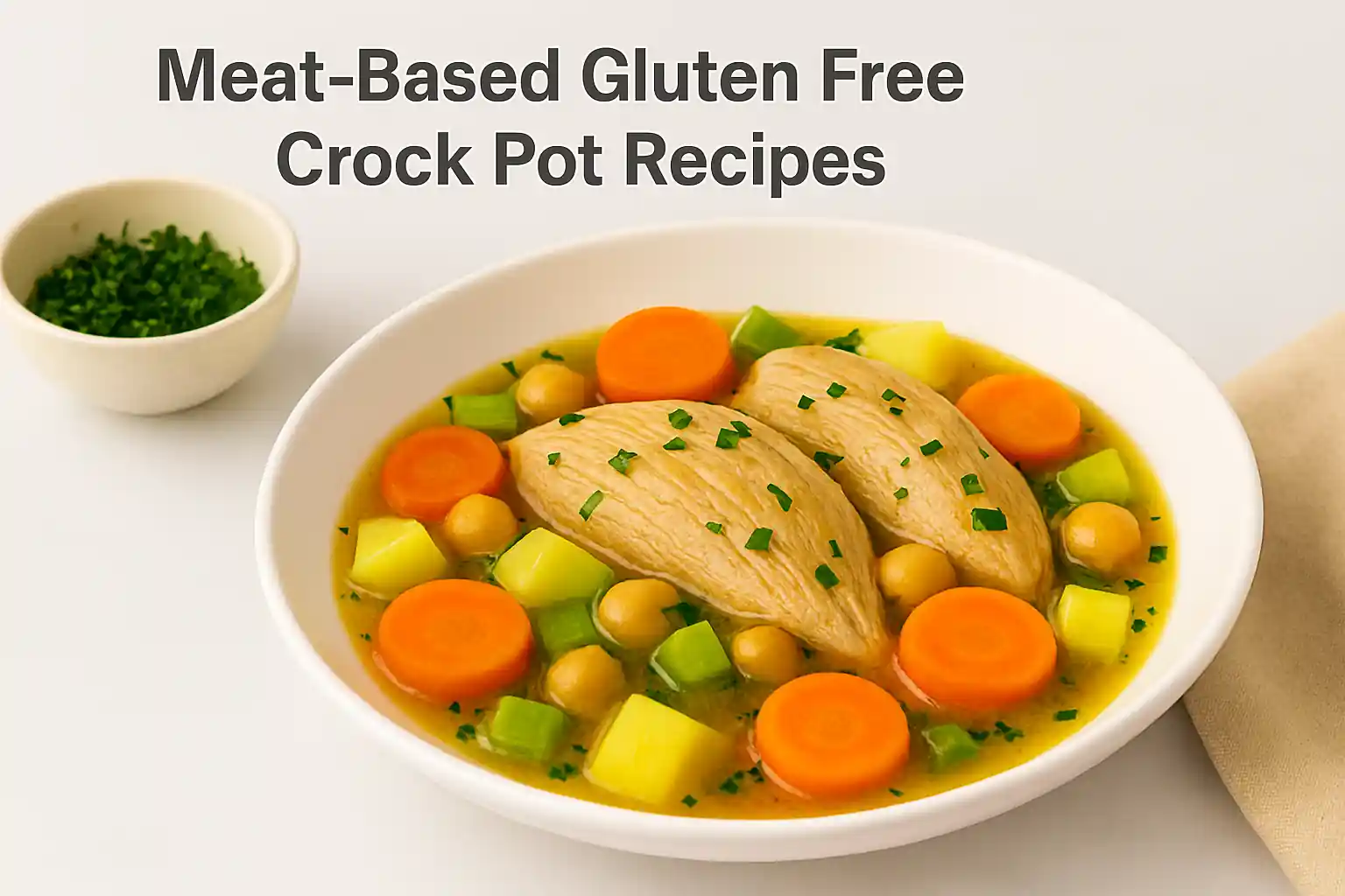 Plated gluten-free chicken stew with carrots, potatoes, and herbs on a white plate beside fresh parsley on a light kitchen counter