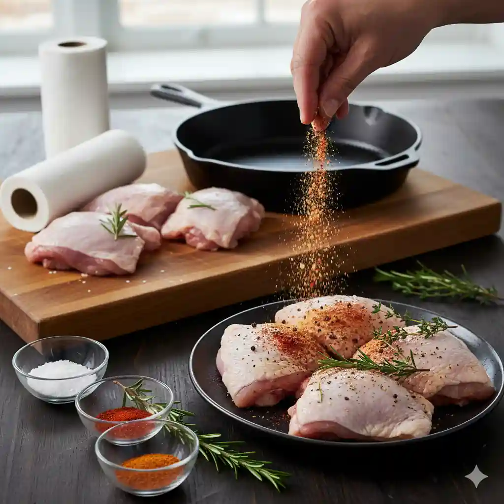 A high-angle shot of golden-brown chicken thighs searing in a seasoned black cast iron skillet with garlic and rosemary.