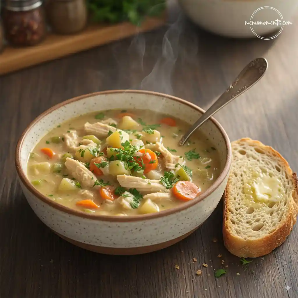 A steaming bowl of creamy chicken and vegetable soup, garnished with fresh parsley, next to a slice of buttered bread. Branding: menumoments.com.