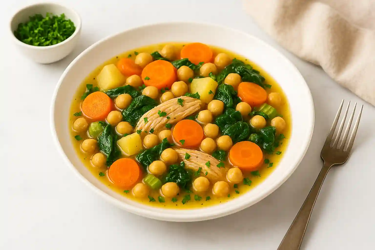 Single serving of gluten free crock pot recipes and vegetable stew plated in a bright kitchen with natural lighting