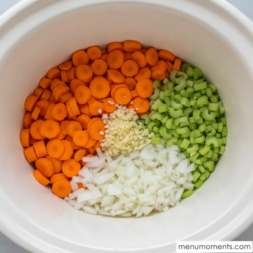 Freshly chopped carrots, celery, onion, and minced garlic arranged in the bottom of a white crockpot, ready for chicken noodle soup. menumoments.com