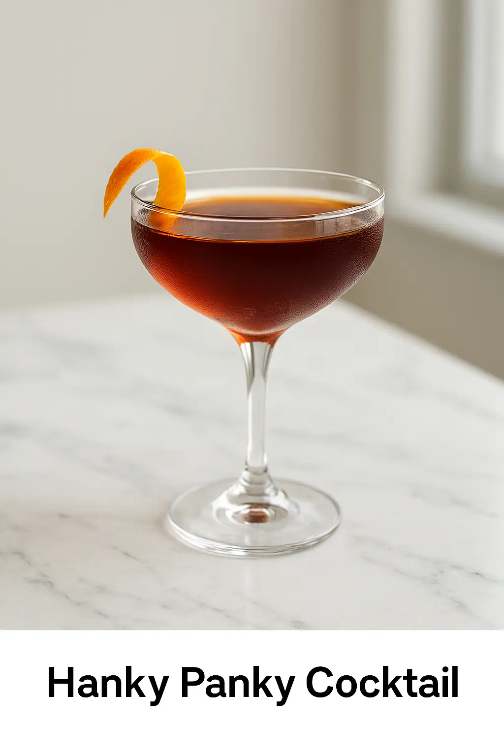 A Hanky Panky cocktail served in a coupe glass with a vibrant orange twist garnish, placed on a white marble countertop in bright natural kitchen lighting.