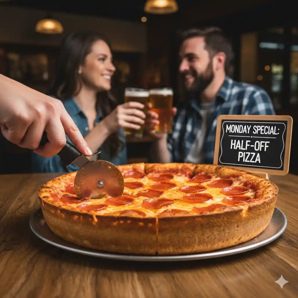 Hand slicing a large deep-dish pepperoni pizza with a "Monday Special: Half-Off Pizza" sign, and a couple toasting beers in the background at BJ's Brewhouse.