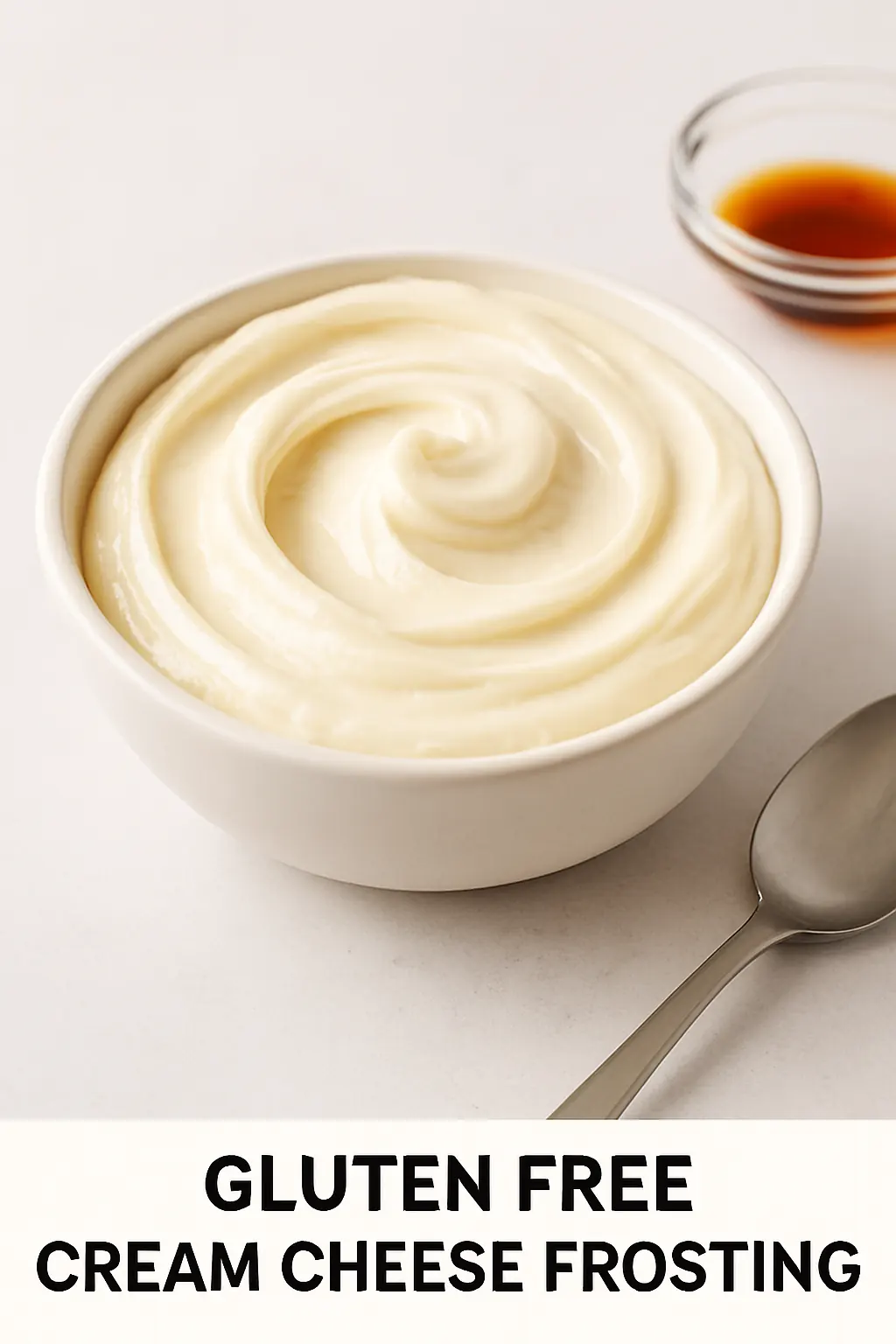 Smooth gluten free cream cheese frosting swirled in a white bowl with vanilla extract nearby, styled in bright natural kitchen lighting.
