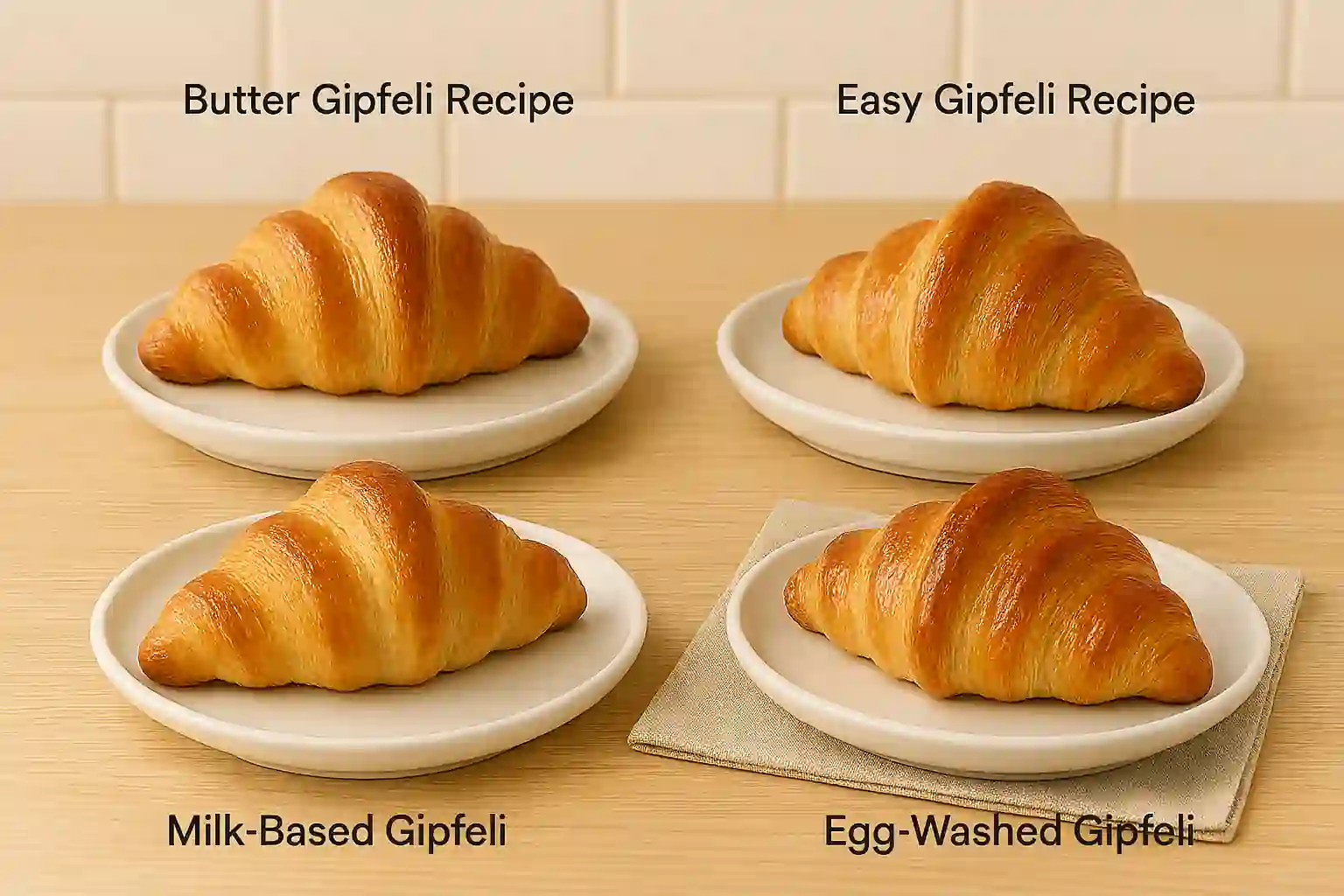 Four Swiss Gipfeli variations on ceramic plates: butter-rich, easy-fold, milk-based, and egg-washed pastries