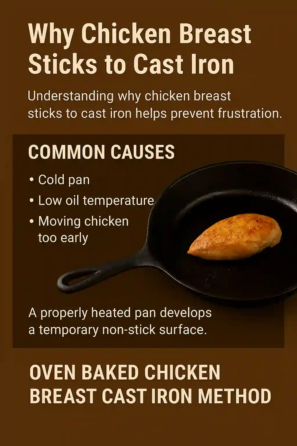 Chicken breast sticking to a cast iron skillet due to cold pan, low oil temperature, and early movement, with visual labels identifying each cause