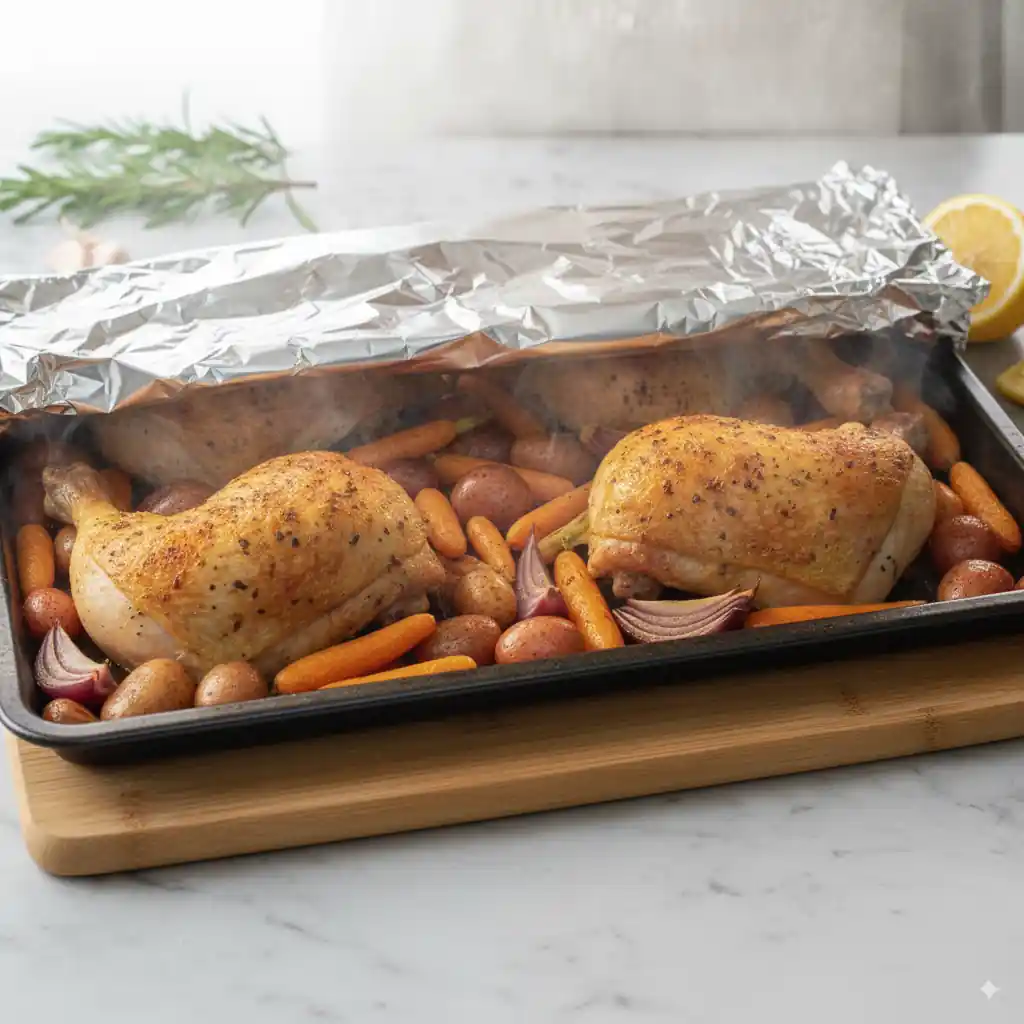 Freshly baked golden-brown chicken hindquarters and roasted vegetables on a baking sheet, partially covered with aluminum foil, resting on a wooden board. Steam is visibly rising.