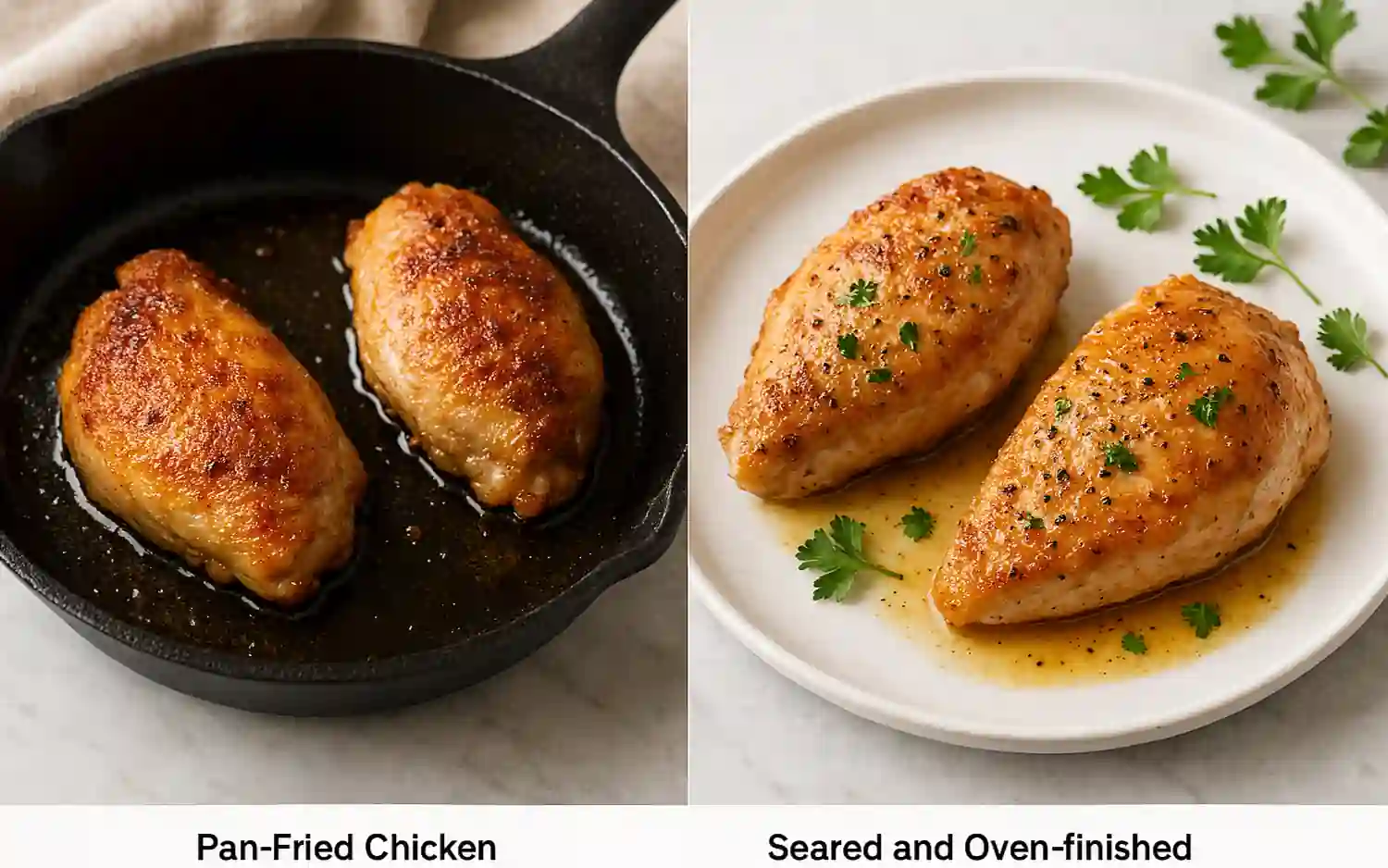 Seared chicken finished in oven, plated with roasted vegetables