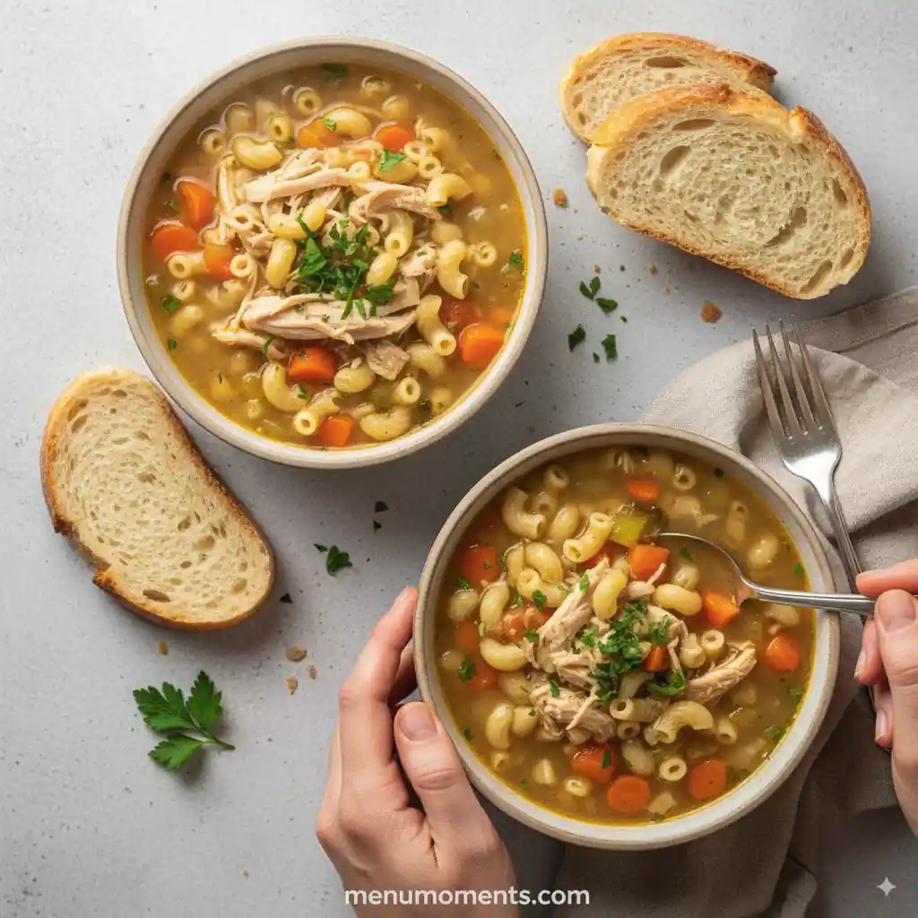 Two bowls of homemade crockpot chicken noodle soup garnished with fresh parsley, served with slices of crusty bread on a light surface, with hands holding one bowl