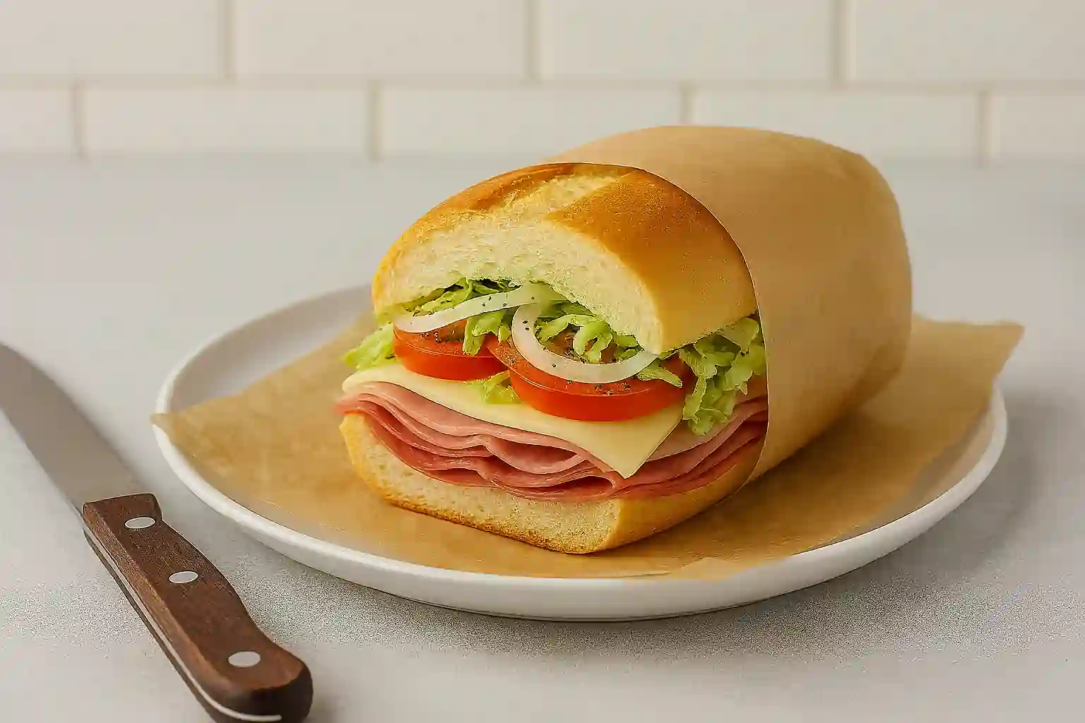 Homemade Italian hoagie sandwich wrapped in parchment paper with serrated knife beside it, showing layered meats, cheese, vegetables, and dressing