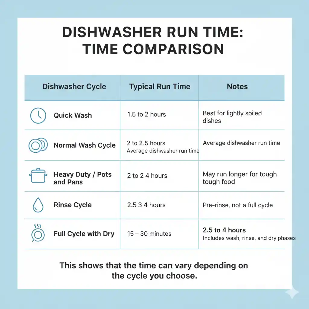 Infographic chart comparing typical run times for common dishwasher cycles: Quick Wash (1.5-2 hours), Normal Wash (2-2.5 hours), Heavy Duty (2.5-4 hours), Rinse Cycle (15-30 minutes), and Full Cycle with Dry (2.5-4 hours).