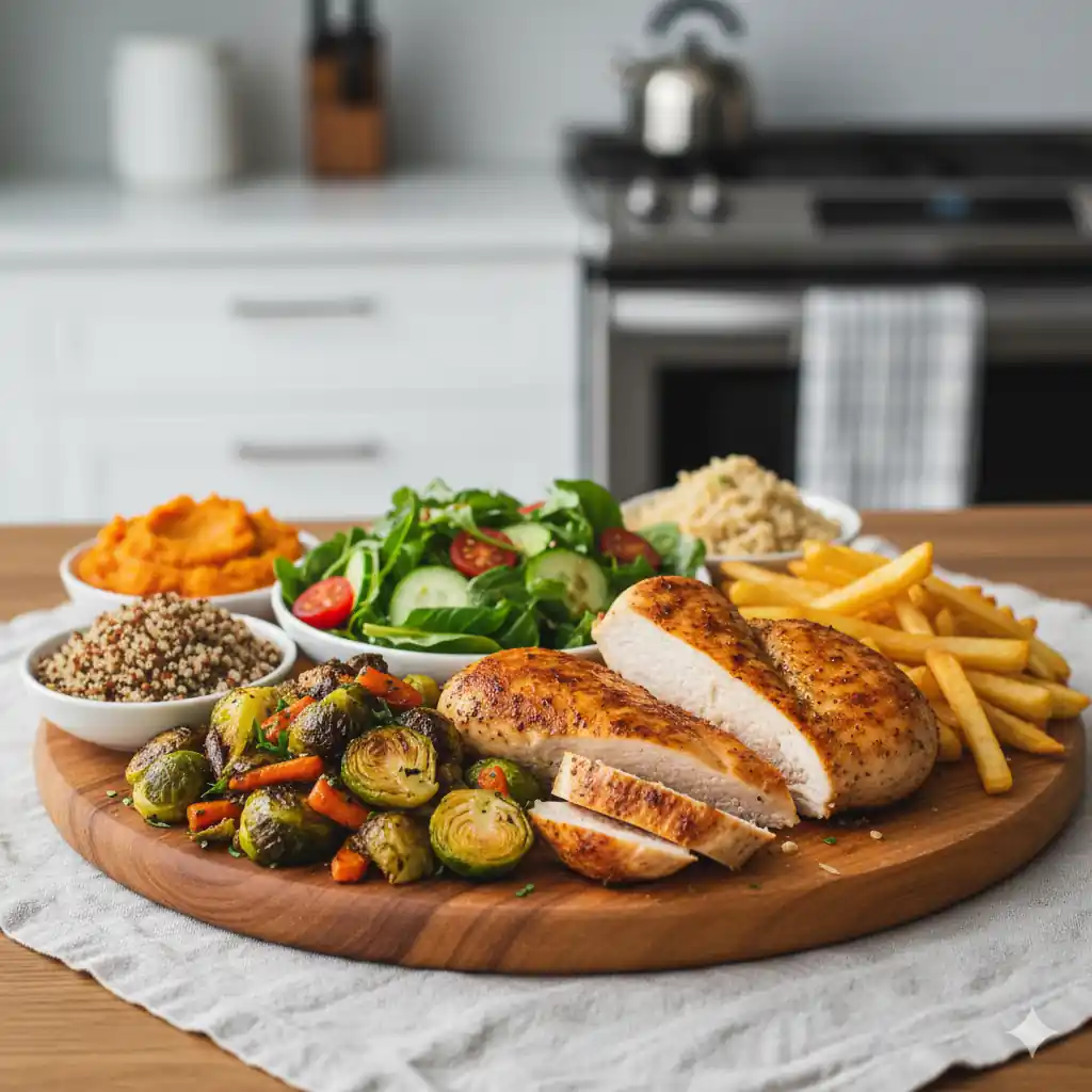 Sliced air fryer chicken breast served on a wooden board with sides like roasted Brussels sprouts, carrots, salad, quinoa, mashed sweet potatoes, and french fries.