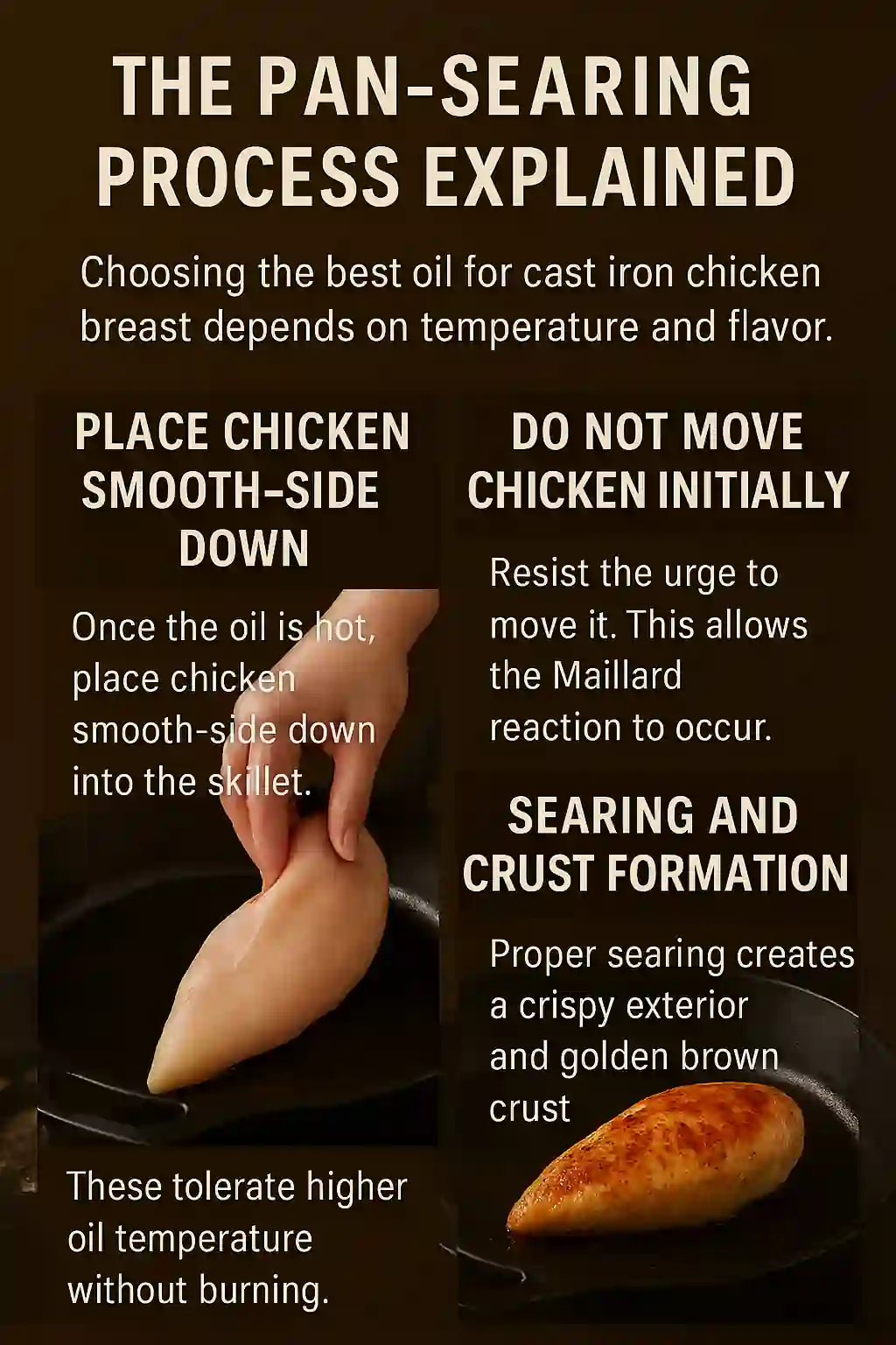 Chicken breast being placed smooth-side down into a hot cast iron skillet with sizzling oil