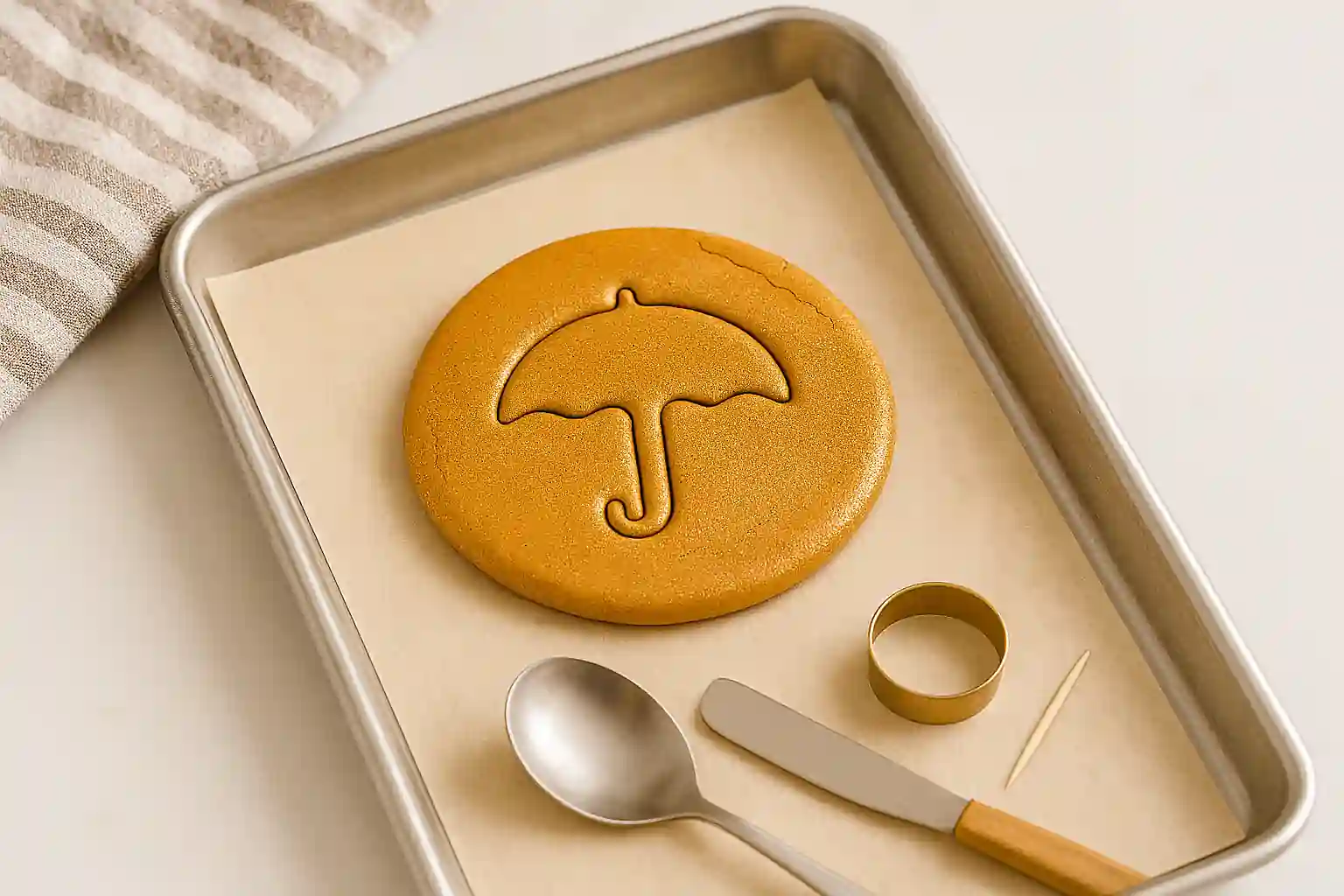 Homemade Squid Game dalgona cookie with umbrella stamp plated on parchment-lined baking sheet
