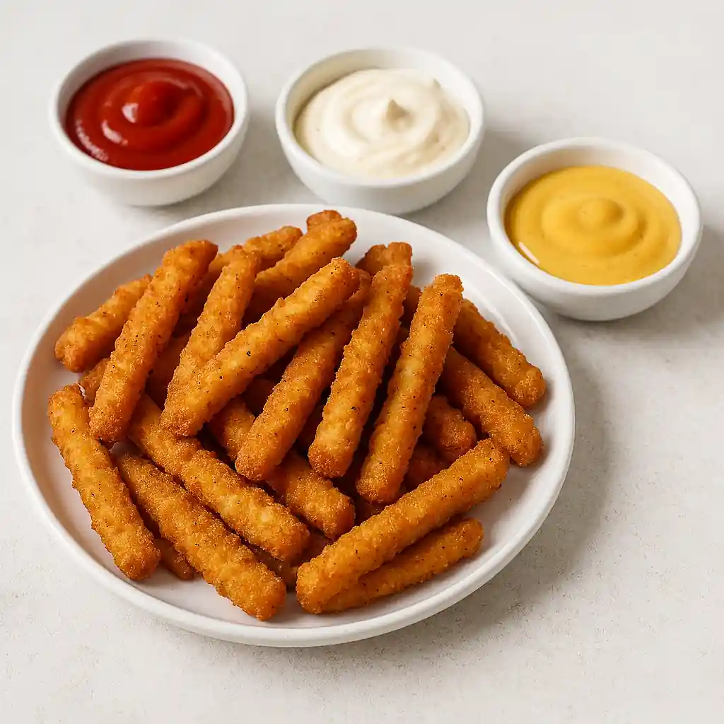 Golden crispy chicken fries served on a white plate with assorted dipping sauces including ketchup, mayonnaise, honey mustard, ranch, BBQ, garlic aioli, buffalo, sweet chili, cheese sauce, and spicy mayo. Bright natural kitchen lighting, minimal background, modern appetizing presentation.