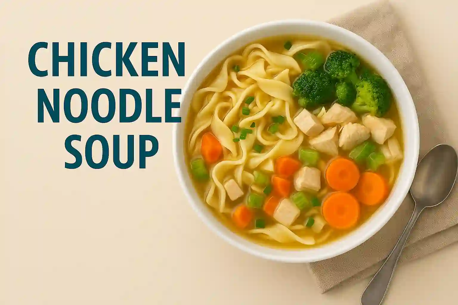 Landscape image of a braces-friendly chicken noodle soup featuring soft shredded chicken, tender egg noodles, and diced vegetables in a golden broth, served in a white ceramic bowl on a rustic wooden table.