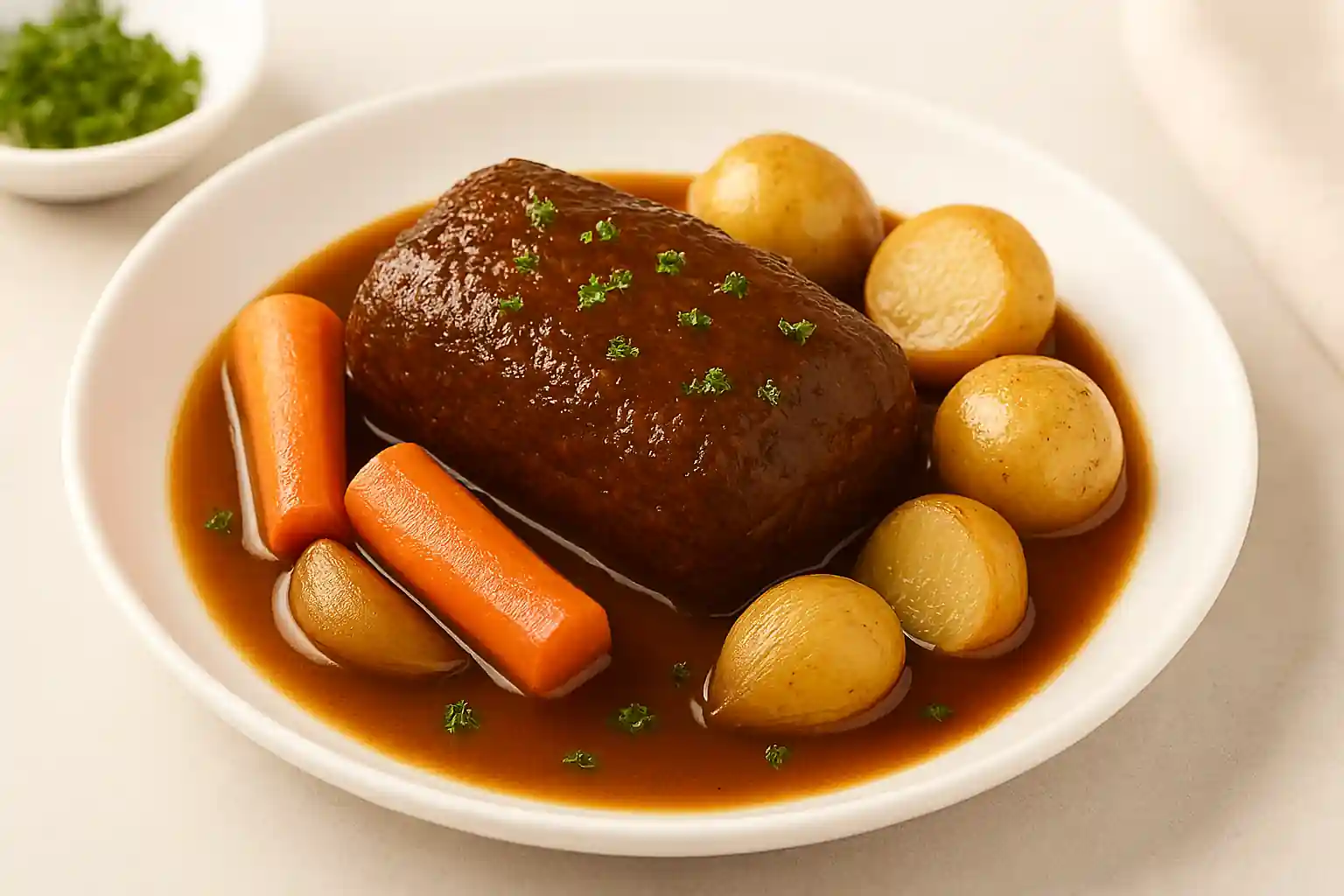 Braised mock chuck roast plated with carrots, baby potatoes, and caramelized onions in rich brown gravy