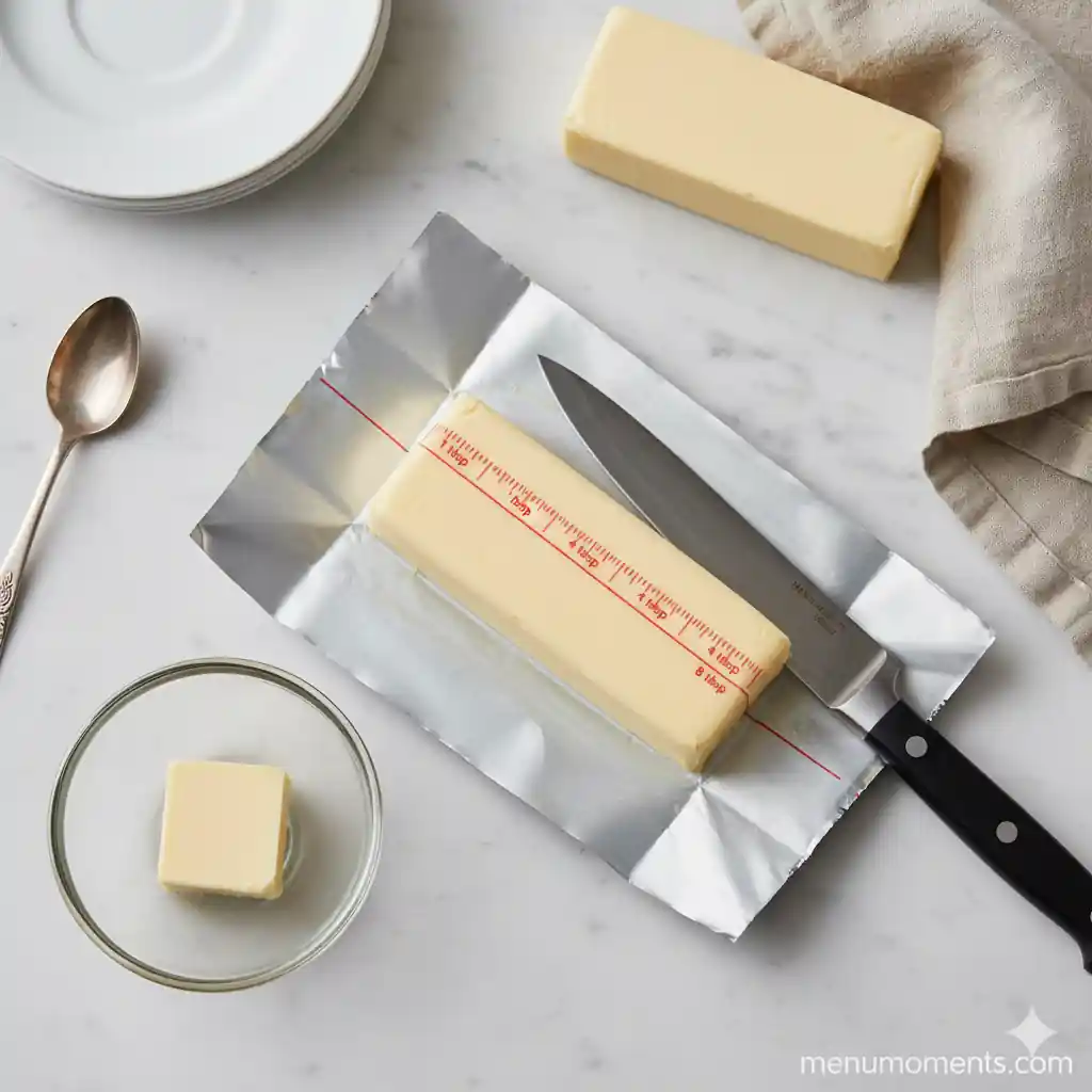 Stick of butter with wrapper markings clearly showing tablespoon increments, with a knife ready for cutting precise amounts.