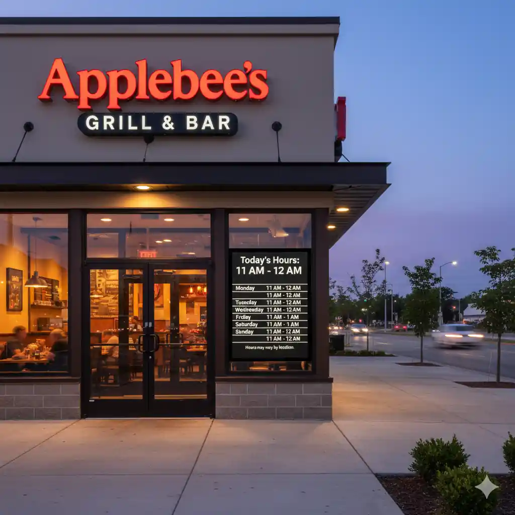 The exterior of an Applebee's Grill & Bar at dusk, with a sign displaying the typical operating hours for each day of the week.