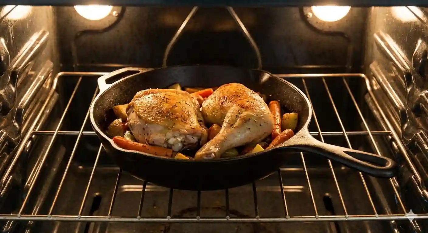 Bone-in chicken thighs and roasted vegetables inside a cast iron skillet on an oven rack.