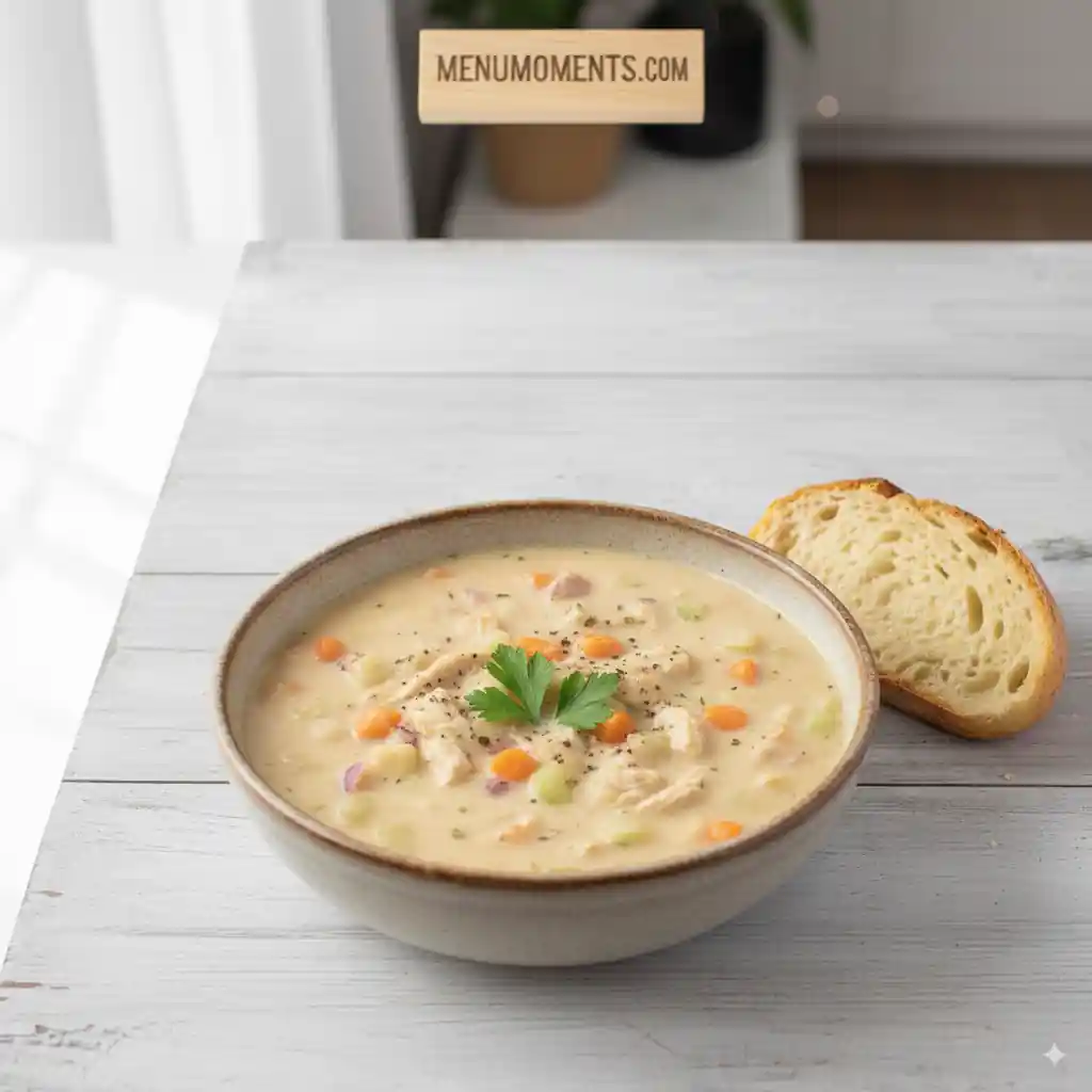 Bowl of creamy chicken soup with shredded chicken, carrots, celery, and parsley served with rustic bread on a white wooden table