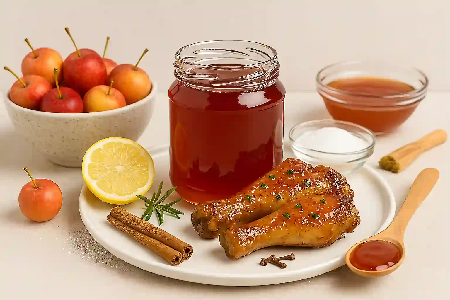 "Jar of homemade crab apple jelly with fresh crab apples, spices, citrus, and apple cider in bright kitchen light"
